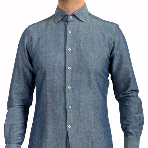 Glanshirt A Slowear Brand Blue Linen Long Sleeve Dress Shirt US 15.75 IT 40
